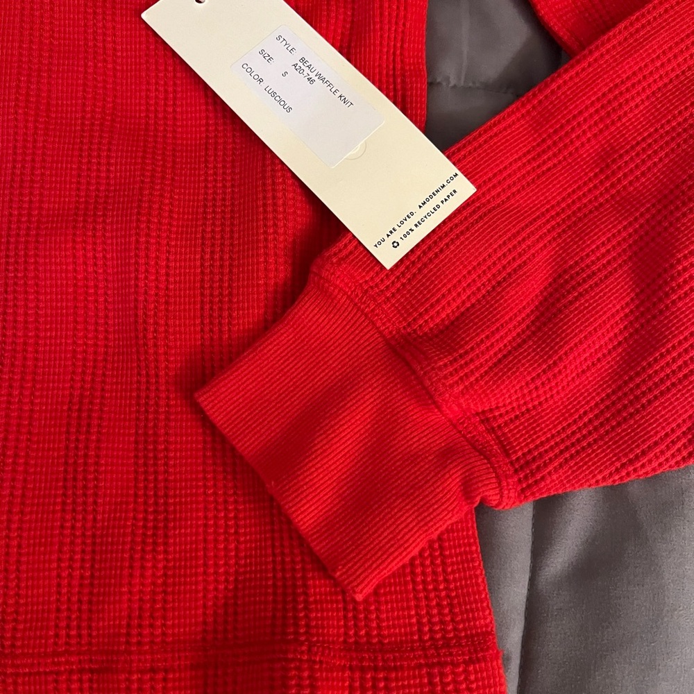 AMO Bright Red V-Neck Ribbed Knit Top - Picture 5 of 5